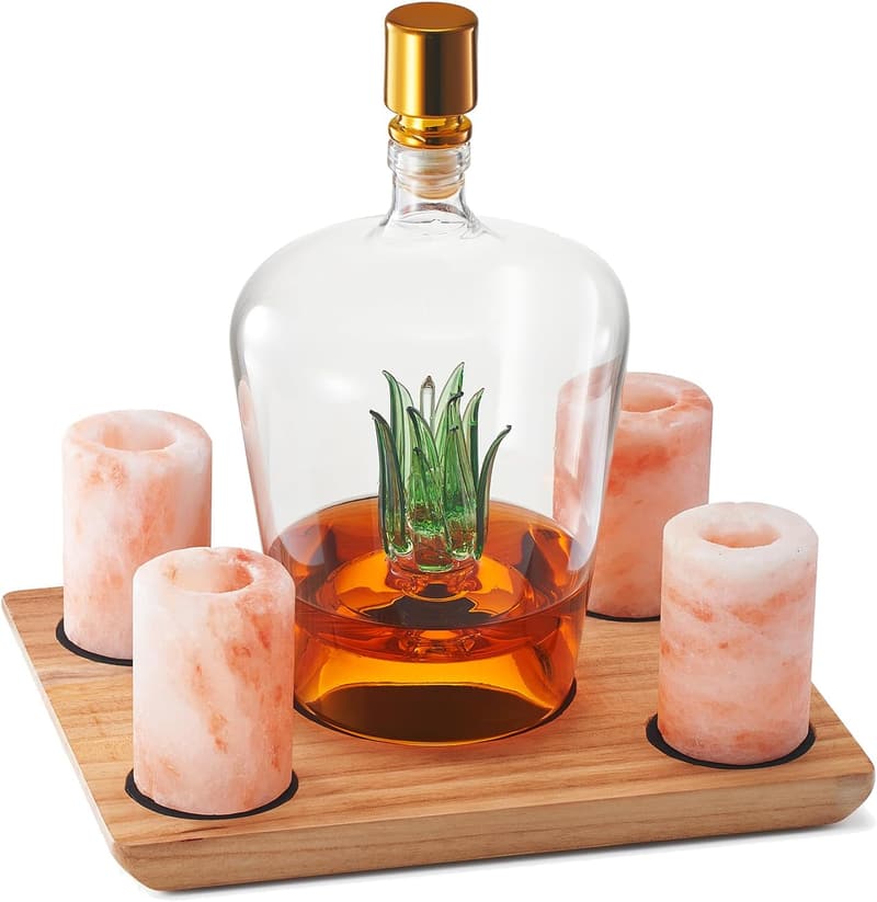 Tequila Decanter Set with Himalayan Salt Shot Glasses, 34 oz
