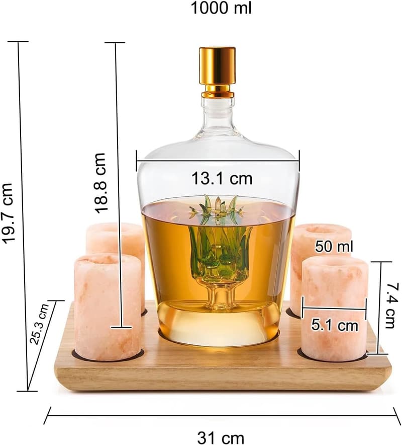 Tequila Decanter Set with Himalayan Salt Shot Glasses, 34 oz