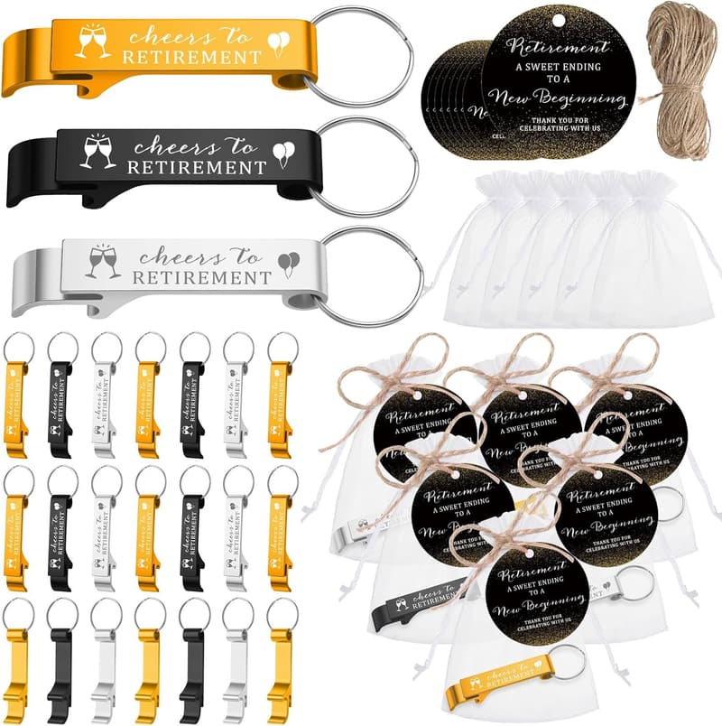 Retirement Keychains Set with Thank You Cards & Organza Bags