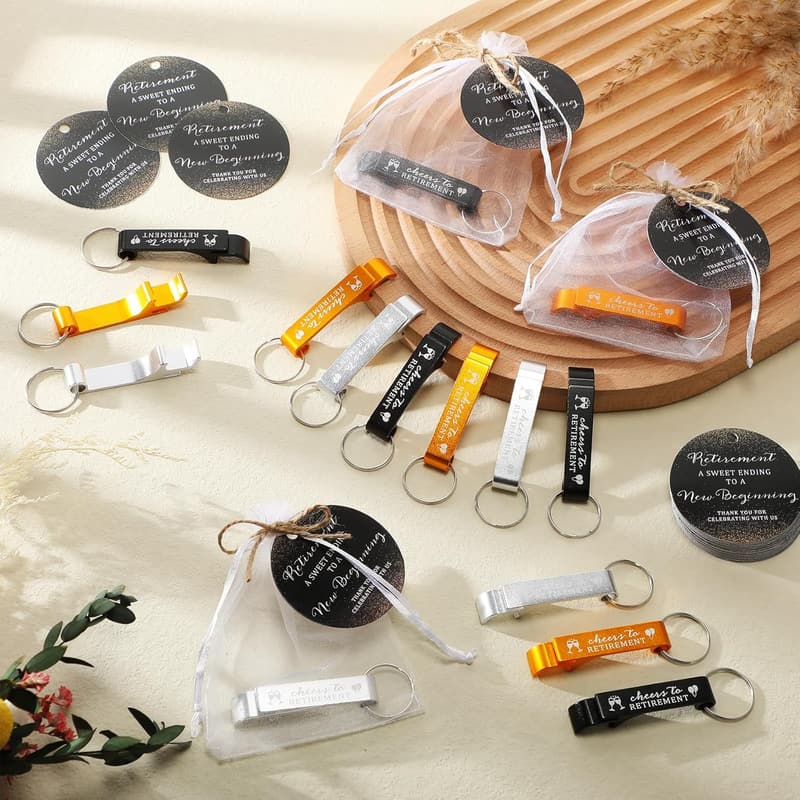 Retirement Keychains Set with Thank You Cards & Organza Bags