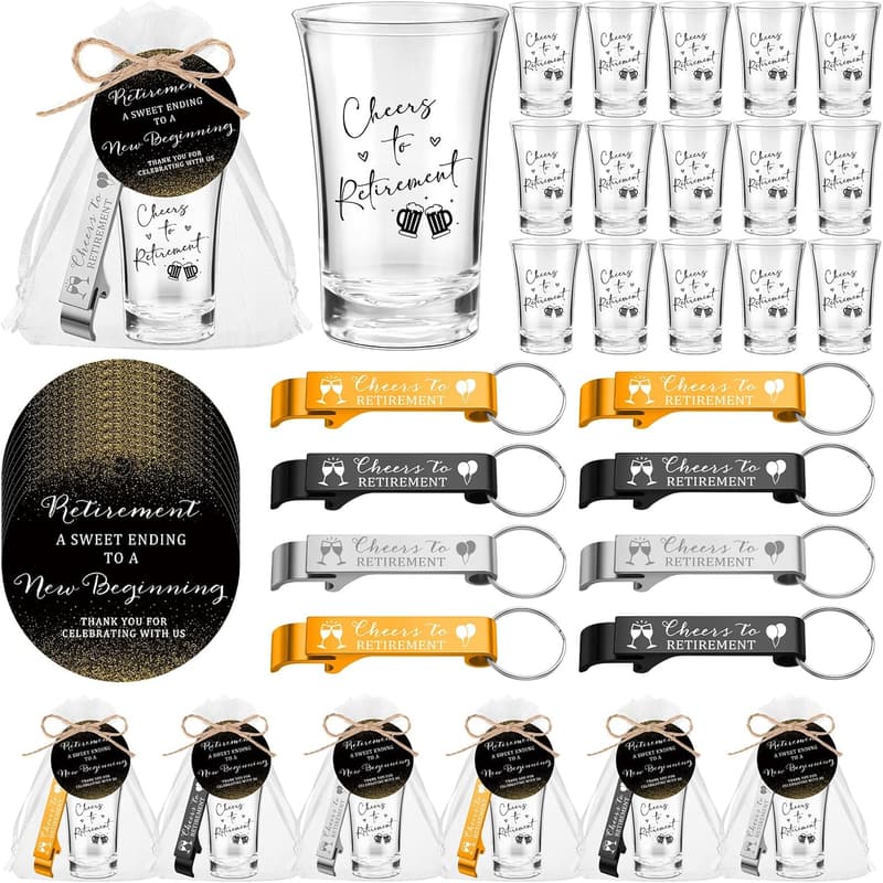 Retirement Party Favor Set: Acrylic Glasses & Keychains