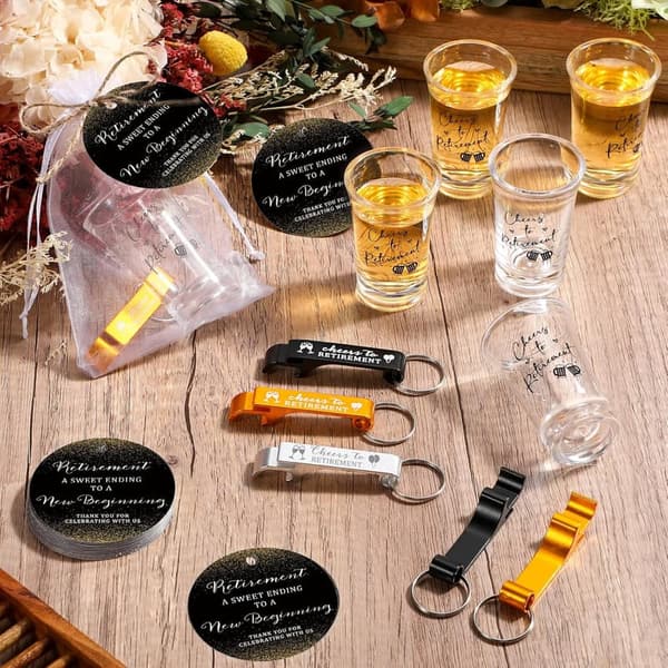Retirement Party Favor Set: Acrylic Glasses & Keychains