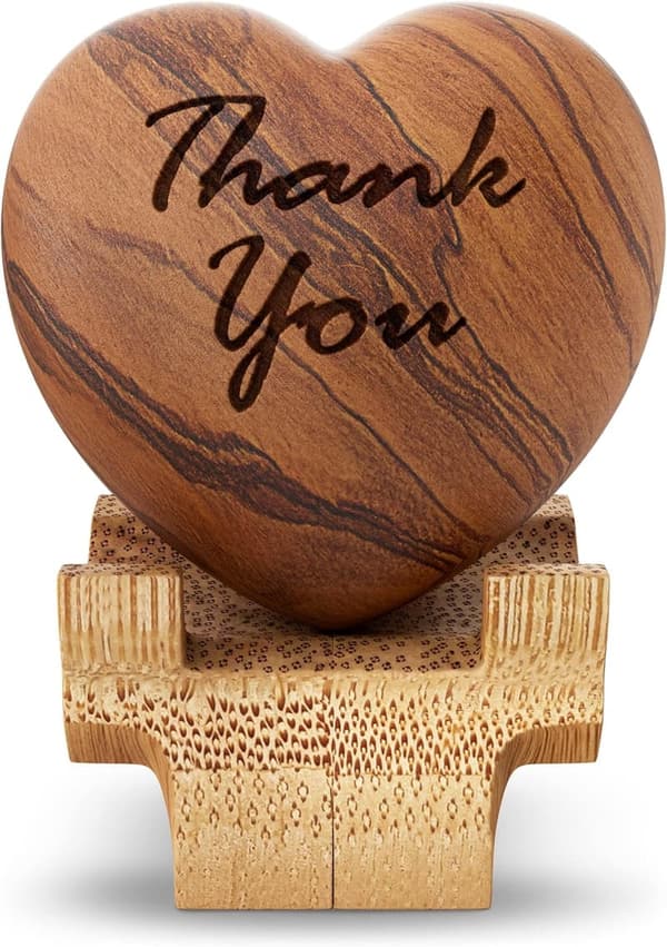 Engraved Olive Wood Heart - Thank You Gift for Coworkers & Friends