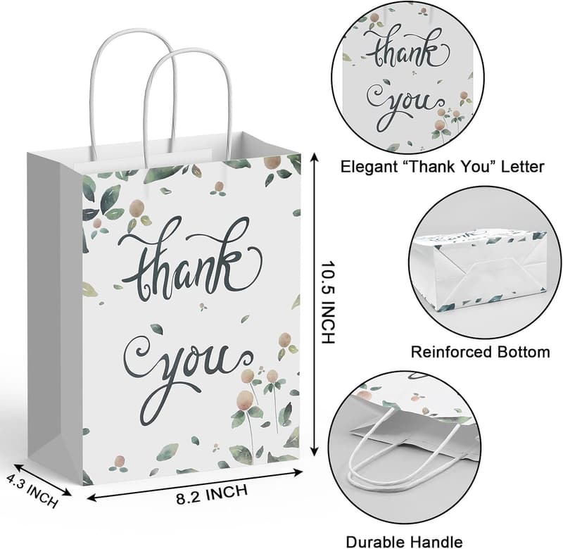 Thank You Kraft Gift Bags - 20 Pack for Parties and Events