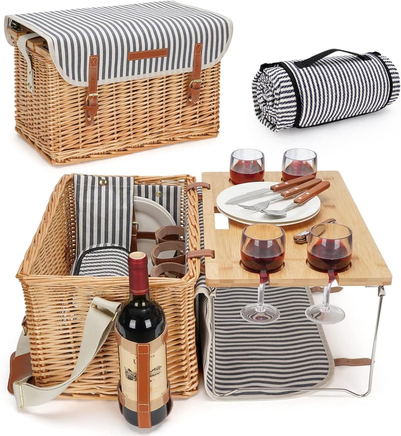 Portable Wicker Picnic Basket Set for 4 with Blanket and Table