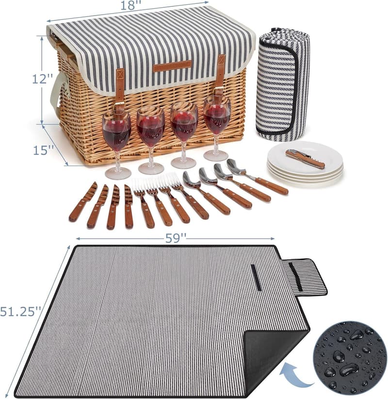 Portable Wicker Picnic Basket Set for 4 with Blanket and Table