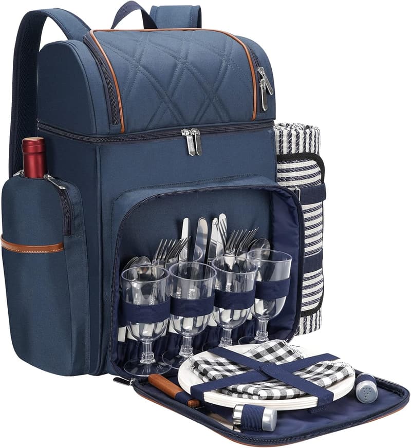Insulated Picnic Backpack Set for 4 - Beach & Camping Ready