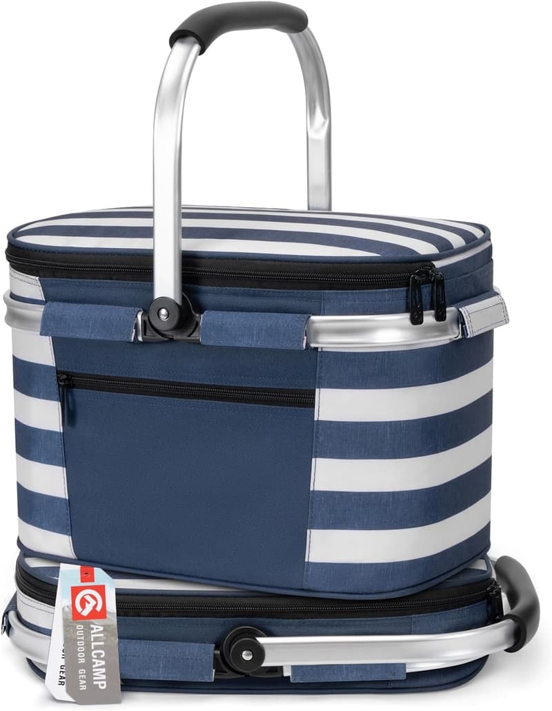 Collapsible Insulated Picnic Basket Cooler - Blue Stripe