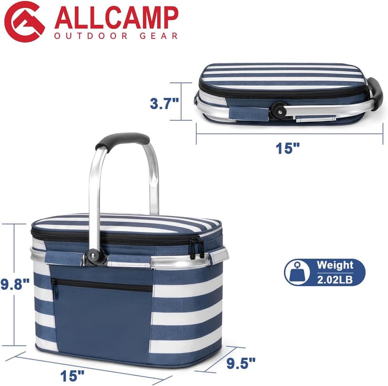 Collapsible Insulated Picnic Basket Cooler - Blue Stripe