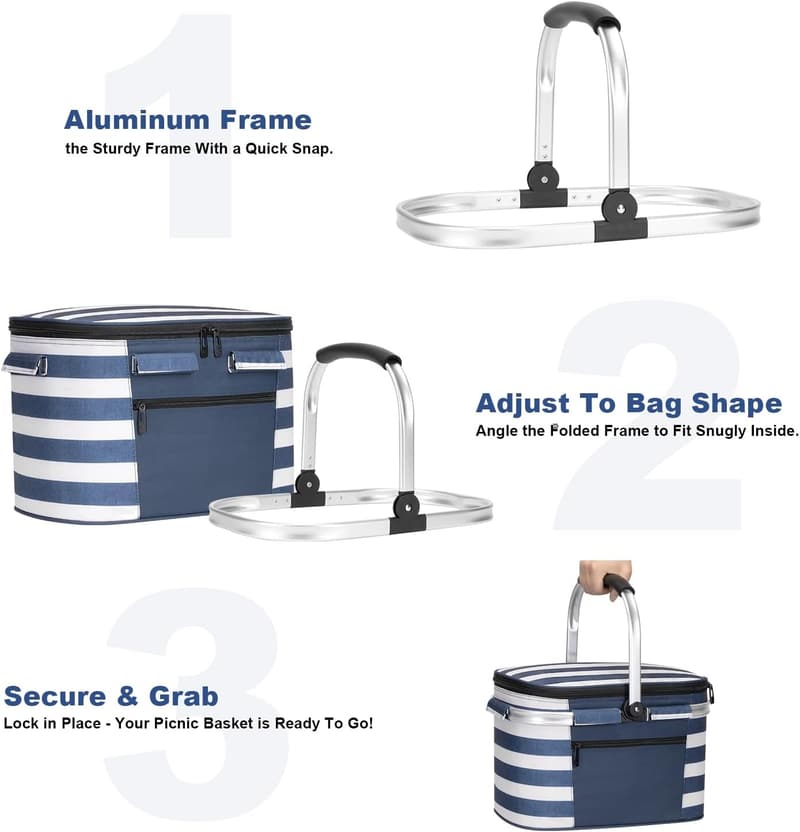Collapsible Insulated Picnic Basket Cooler - Blue Stripe