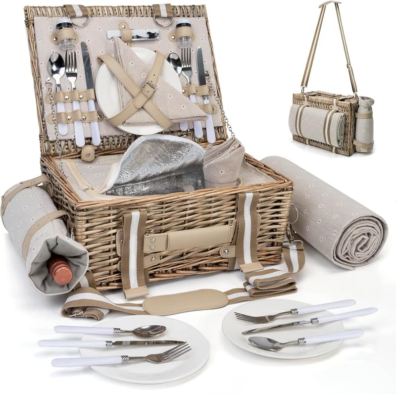 Large Wicker Picnic Basket Set for 4 with Insulated Liner