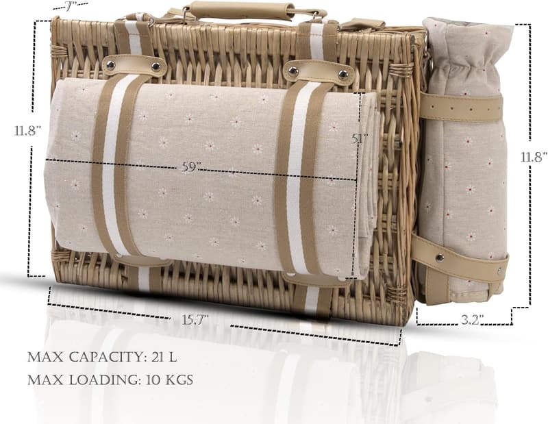Large Wicker Picnic Basket Set for 4 with Insulated Liner