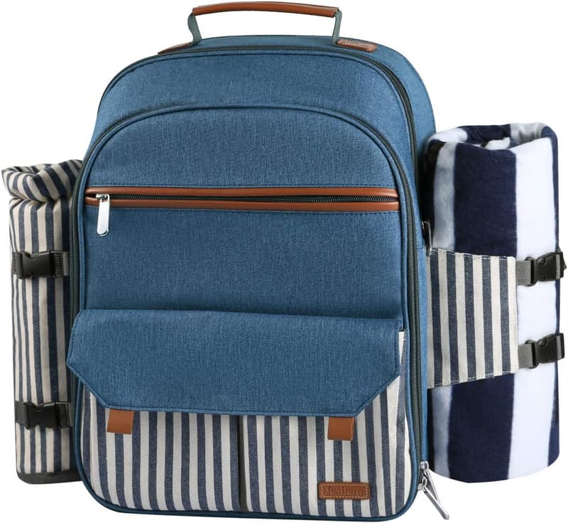 Picnic Backpack Set for 4 with Insulated Wine Cooler & Blanket
