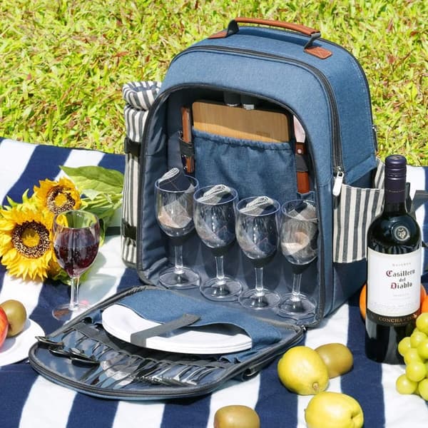 Picnic Backpack Set for 4 with Insulated Wine Cooler & Blanket