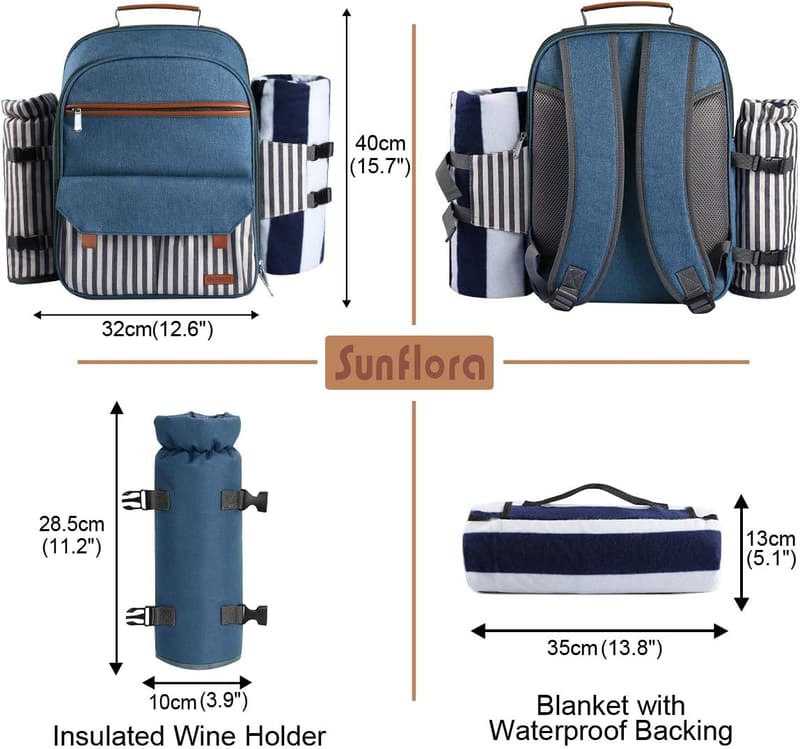 Picnic Backpack Set for 4 with Insulated Wine Cooler & Blanket