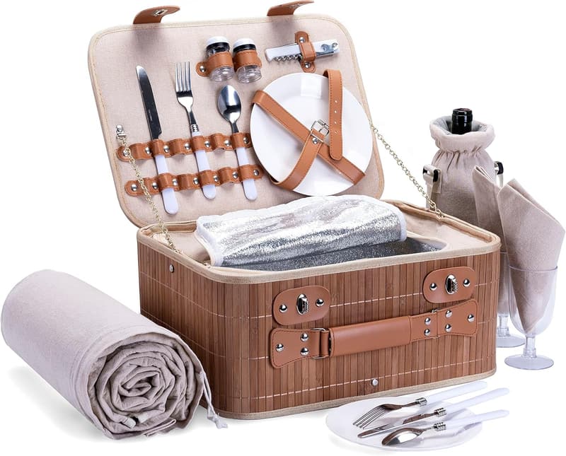 Insulated Picnic Basket Set for 2 with Waterproof Blanket