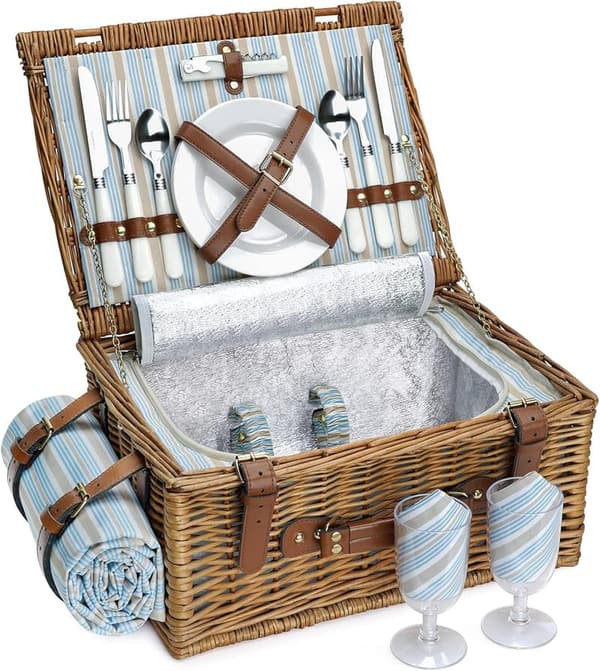 Picnic Basket Set for 2 with Insulated Cooler & Blanket