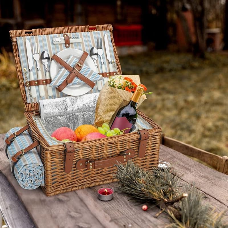Picnic Basket Set for 2 with Insulated Cooler & Blanket