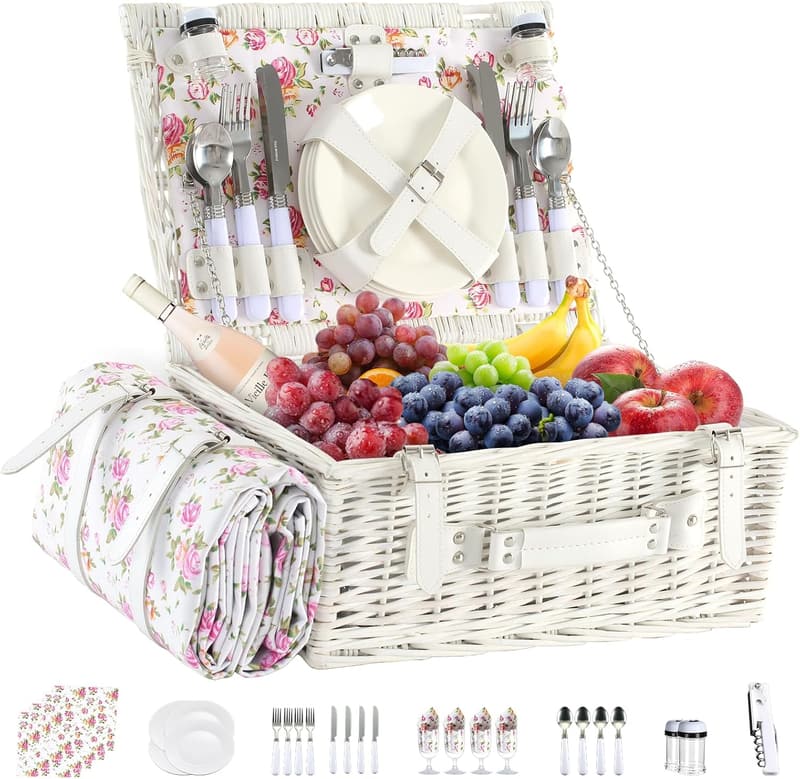 Picnic Set for 4 - Willow Basket with Cooler & Waterproof Mat