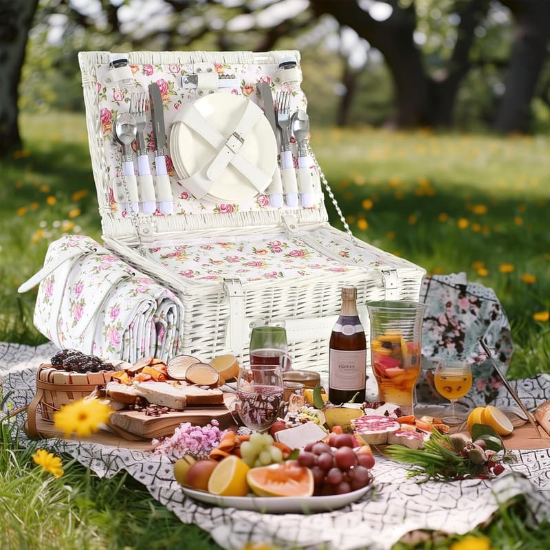 Picnic Set for 4 - Willow Basket with Cooler & Waterproof Mat