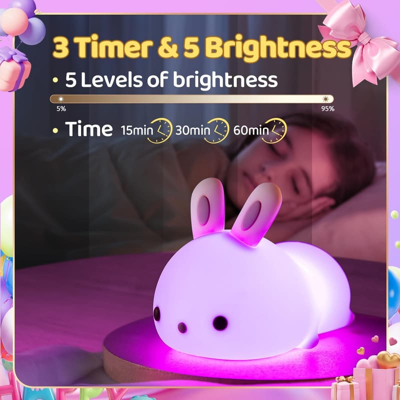 Kawaii Bunny Night Light with Timer for Kids' Room