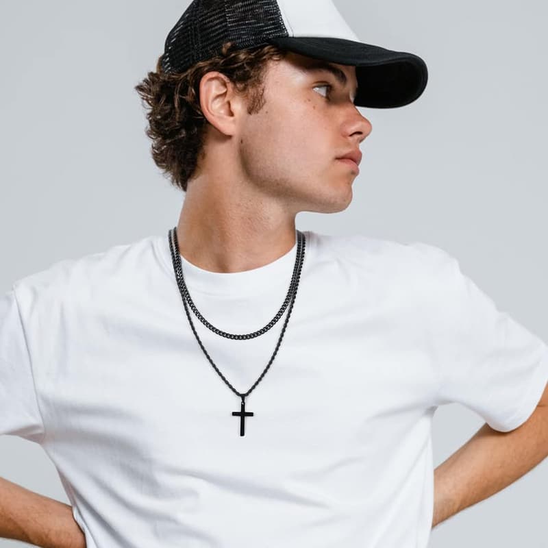 Men's Stainless Steel Cross Necklace - Simple Gift in Gold & Black