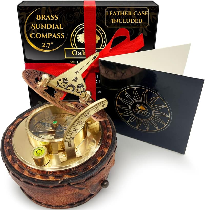 Nautical Gift: Antique Brass Sundial Compass in Leather Case