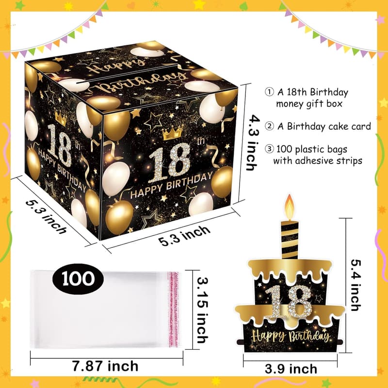 18th Birthday Cash Gift Box with 100 Transparent Bags