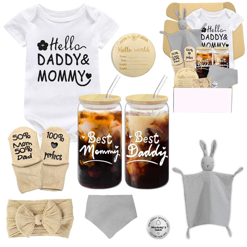 New Mom Gift Basket with Glass Cups & Unique Baby Essentials
