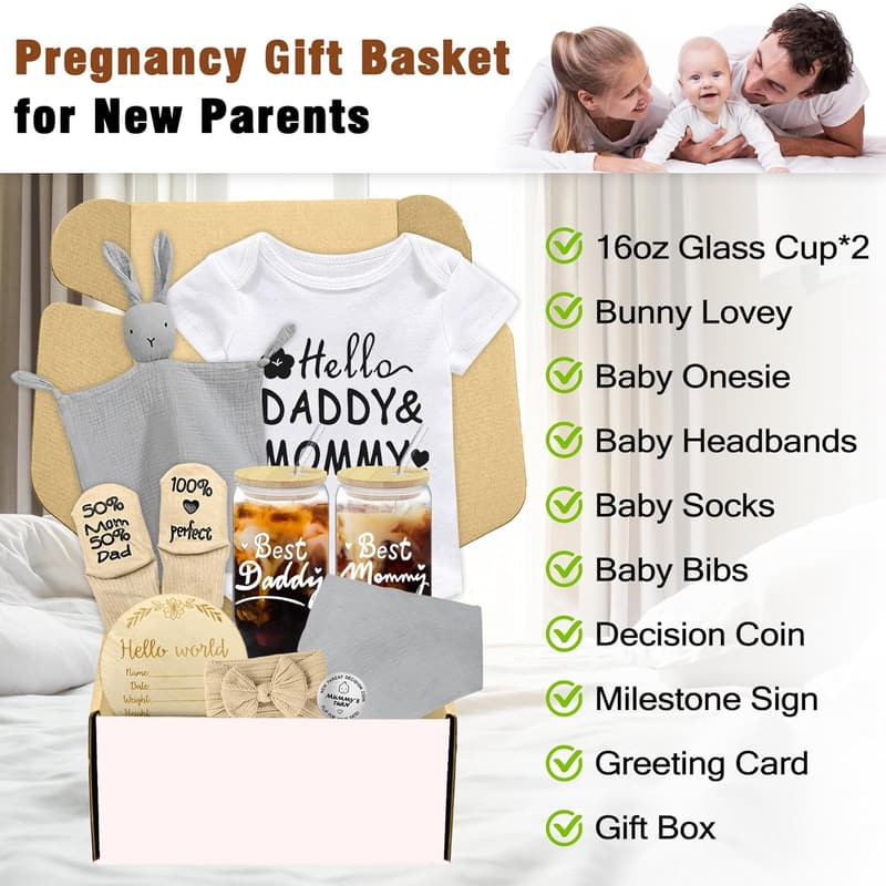 New Mom Gift Basket with Glass Cups & Unique Baby Essentials