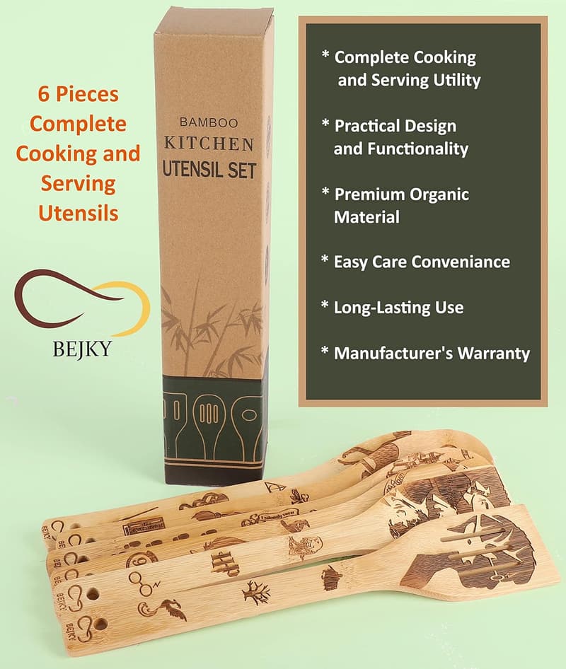 Organic Bamboo Cooking Spoons Set - 6-Pc Kitchen Gift for Her