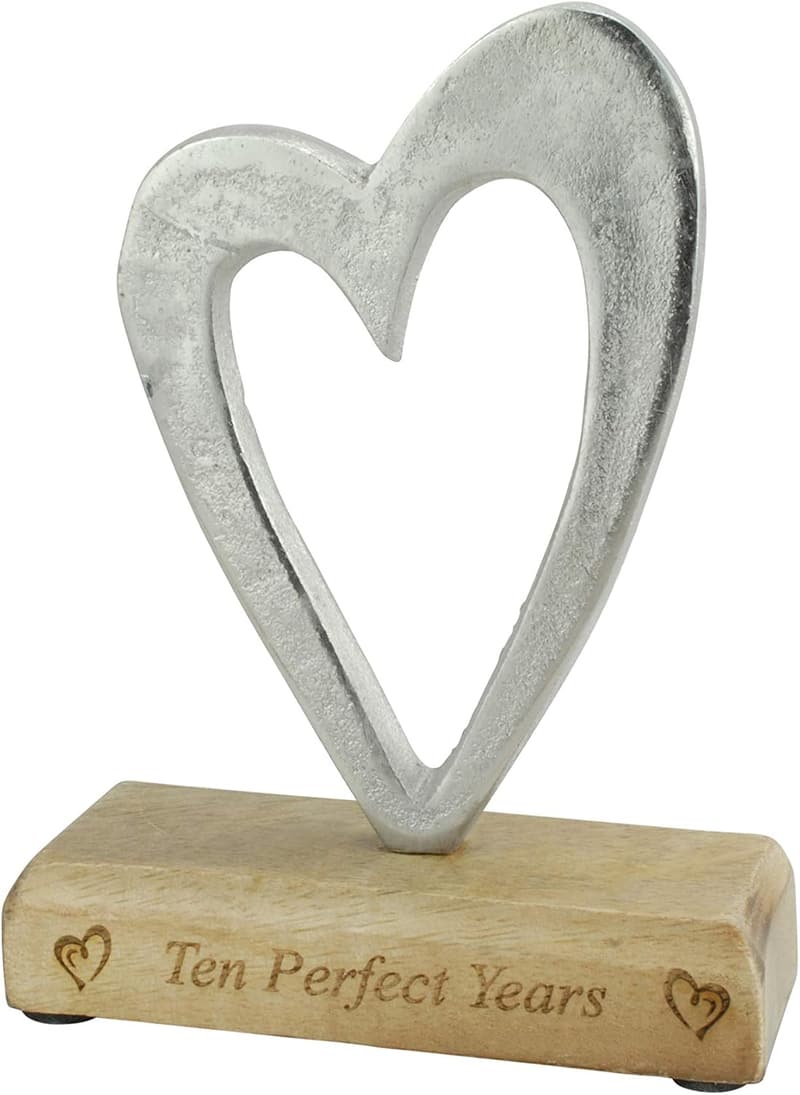 10th Anniversary Rustic Metal Heart with Wooden Base Decor
