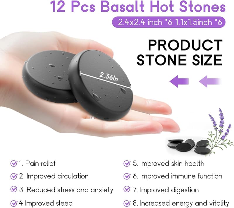 Hot Stone Massage Set - 12 Basalt Stones for Spa & Muscle Relief