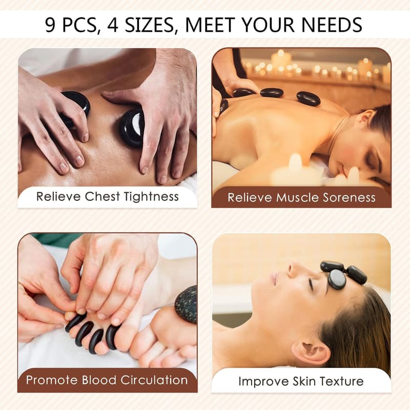 Hot Stones Massage Set with Warmer - 9 Pcs Therapy Kit