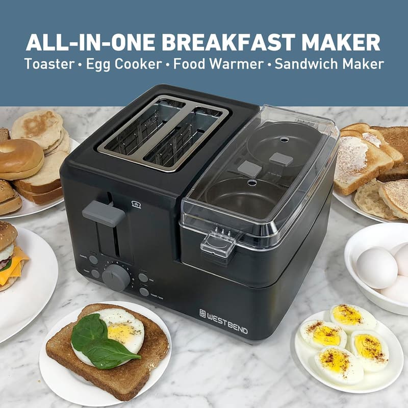 Breakfast Station Toaster & Egg Cooker with Warming Tray, Black