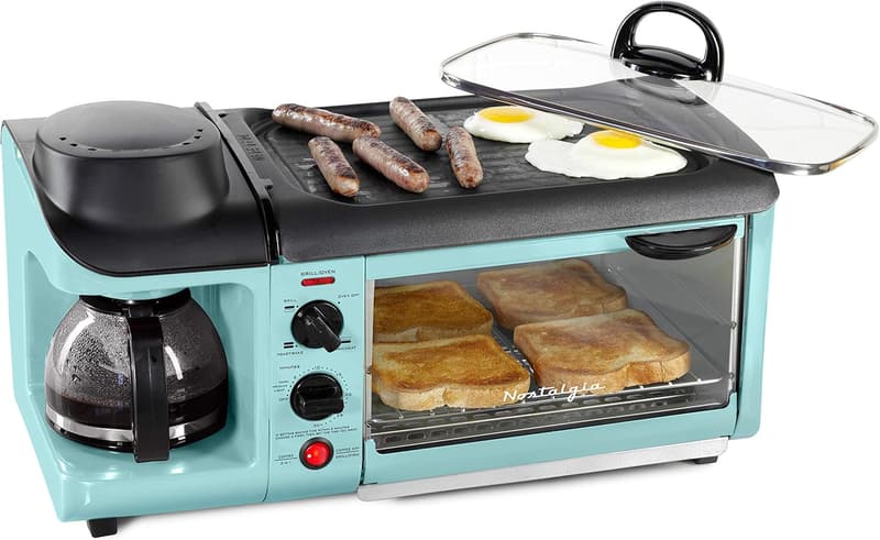 Versatile Aqua Breakfast Station with Coffee Maker, Griddle & Toaster Oven