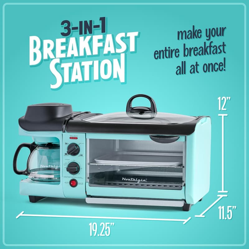 Versatile Aqua Breakfast Station with Coffee Maker, Griddle & Toaster Oven