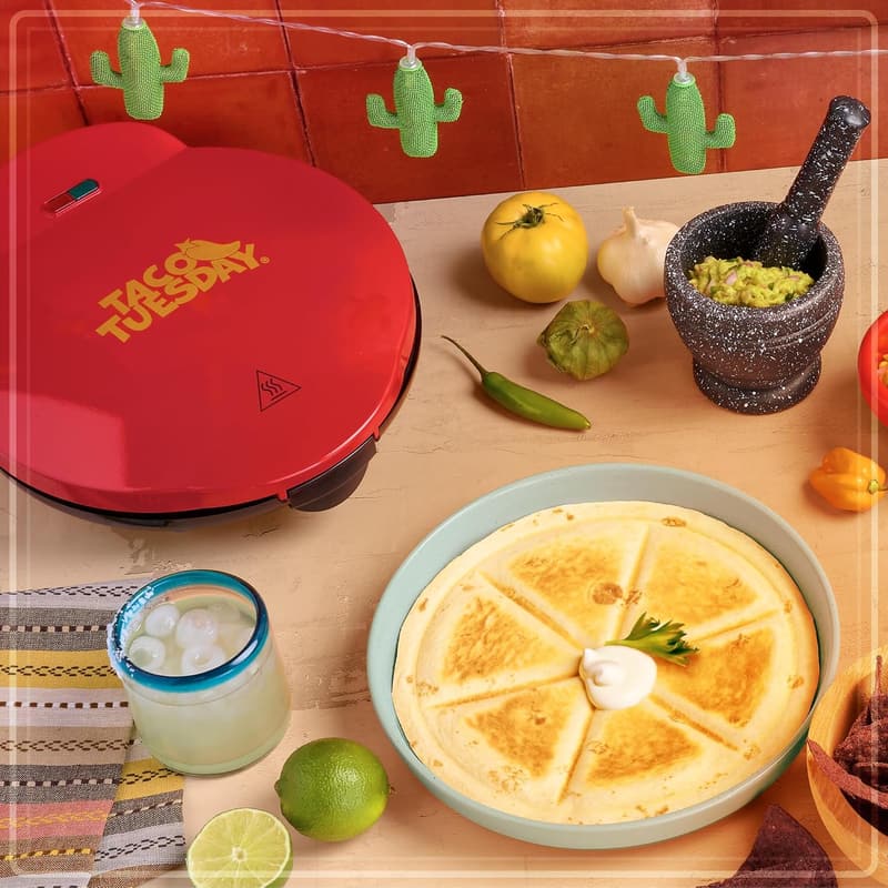Deluxe Electric Quesadilla Maker with Extra Stuffing Latch, Red