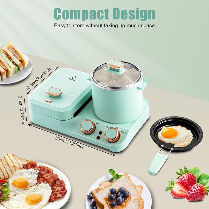 Electric 3-in-1 Breakfast Maker with Frying Pan & Steamer