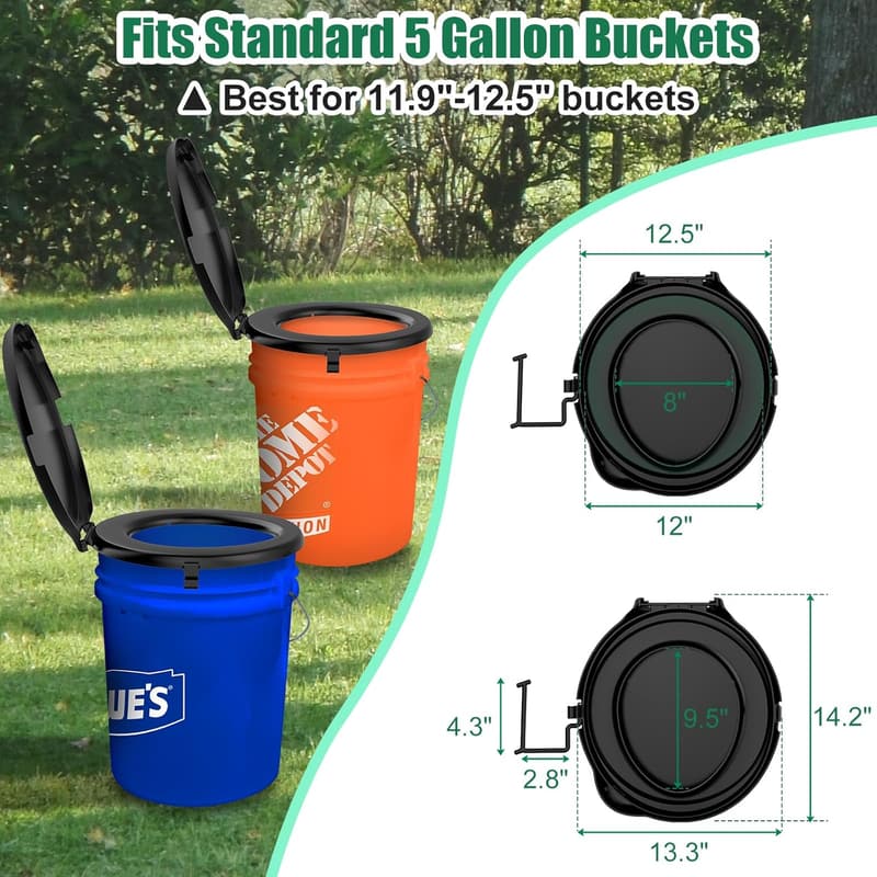 Camping Toilet Seat for 5 Gal Buckets - Portable & Snap-on (Black)