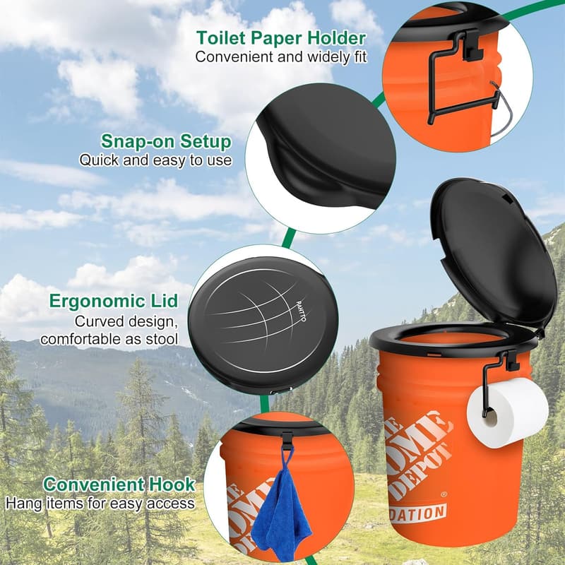Camping Toilet Seat for 5 Gal Buckets - Portable & Snap-on (Black)