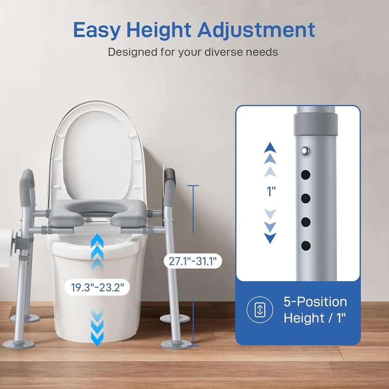 Adjustable Raised Toilet Seat with Handles for Seniors, 440lbs Capacity