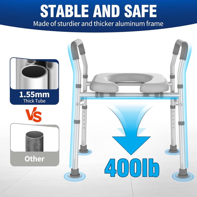 Adjustable Raised Toilet Seat with Handles for Seniors, 400lb Capacity
