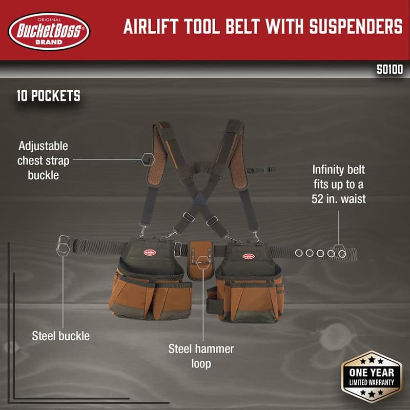 AirLift Tool Belt with Suspenders - 12 Pocket, Brown, 52 Inch