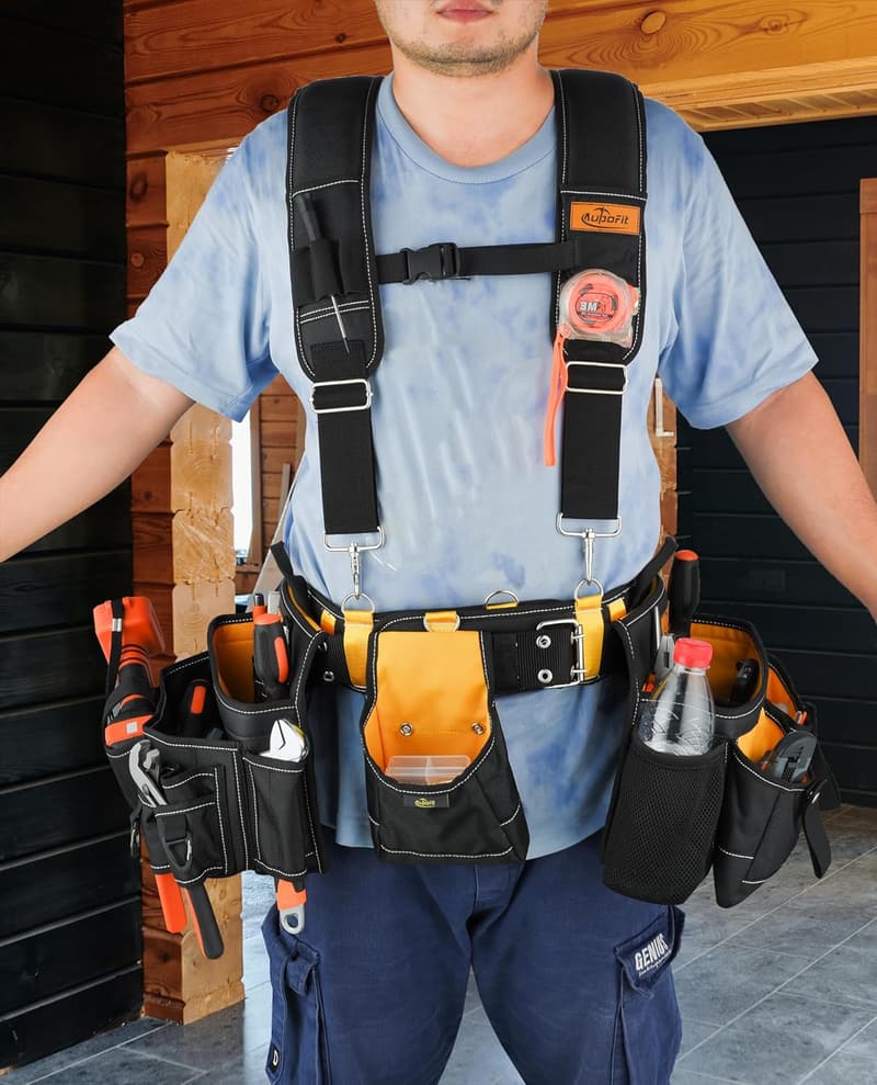 Heavy-Duty Tool Belt Set with Suspenders and 32 Pockets, Fits 36-49In