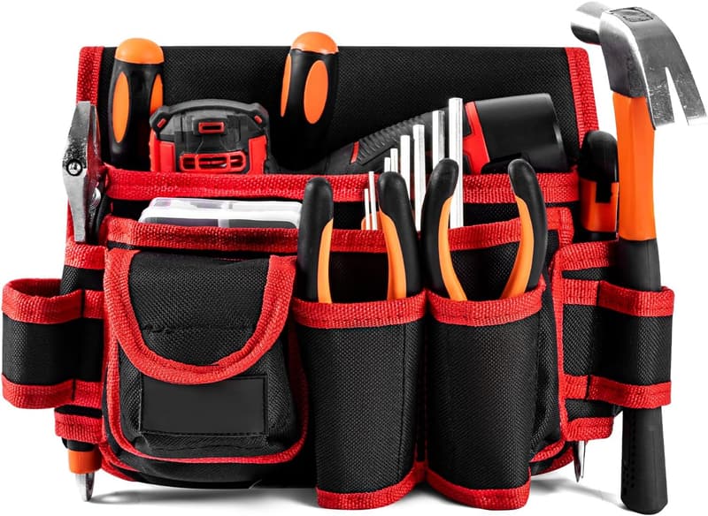 Adjustable Men's Ultra-Thick Tool Belt with 15 Pockets, Red