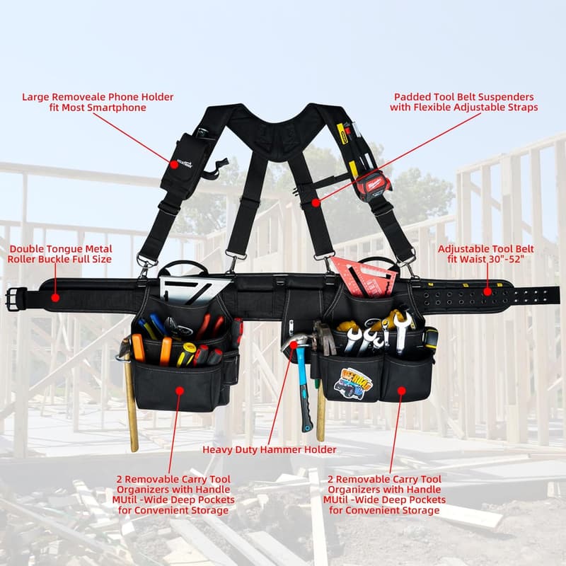 Heavy-Duty Tool Belt with Suspenders for Electricians and Contractors