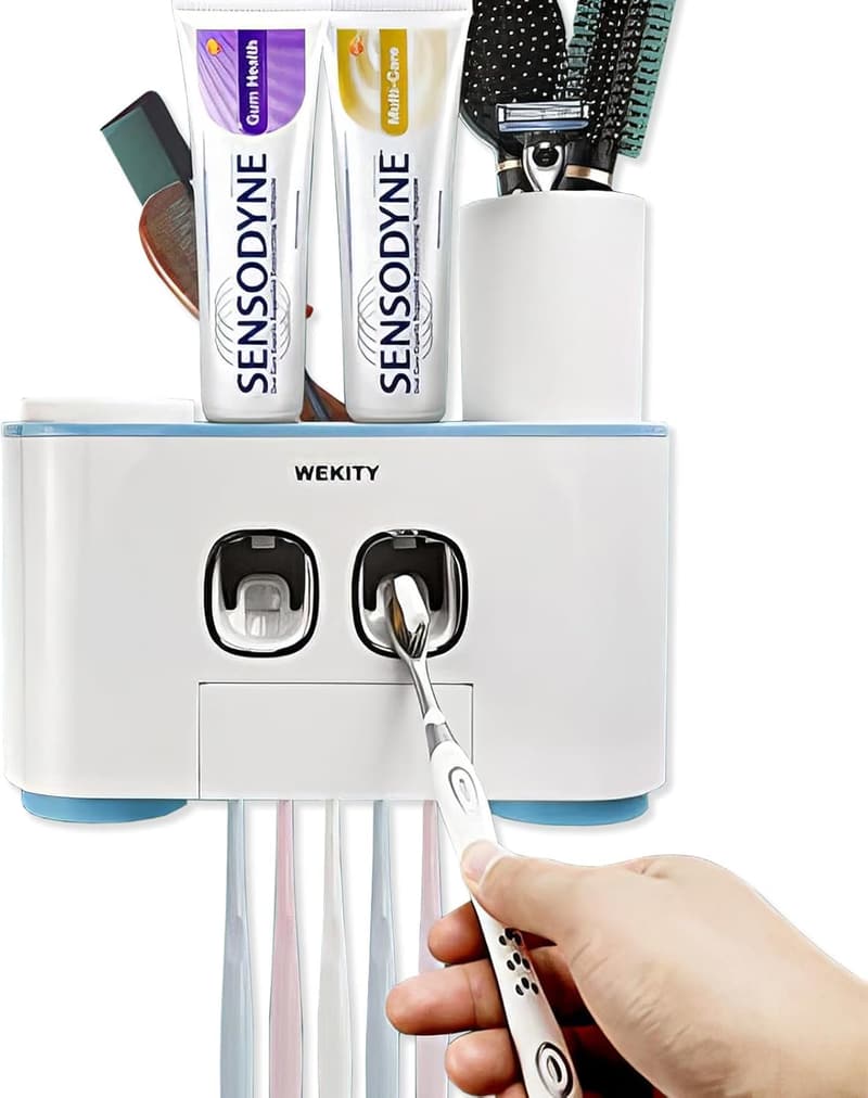 Wall-Mounted Toothbrush Holder with Dispenser and Cups (Blue)