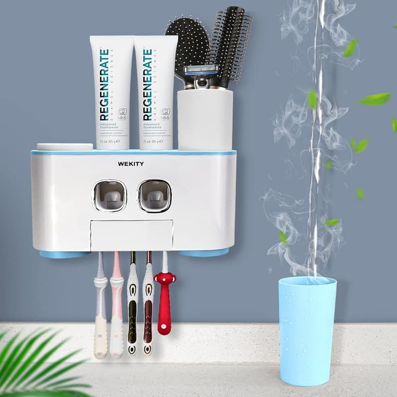 Wall-Mounted Toothbrush Holder with Dispenser and Cups (Blue)