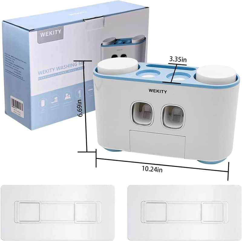 Wall-Mounted Toothbrush Holder with Dispenser and Cups (Blue)